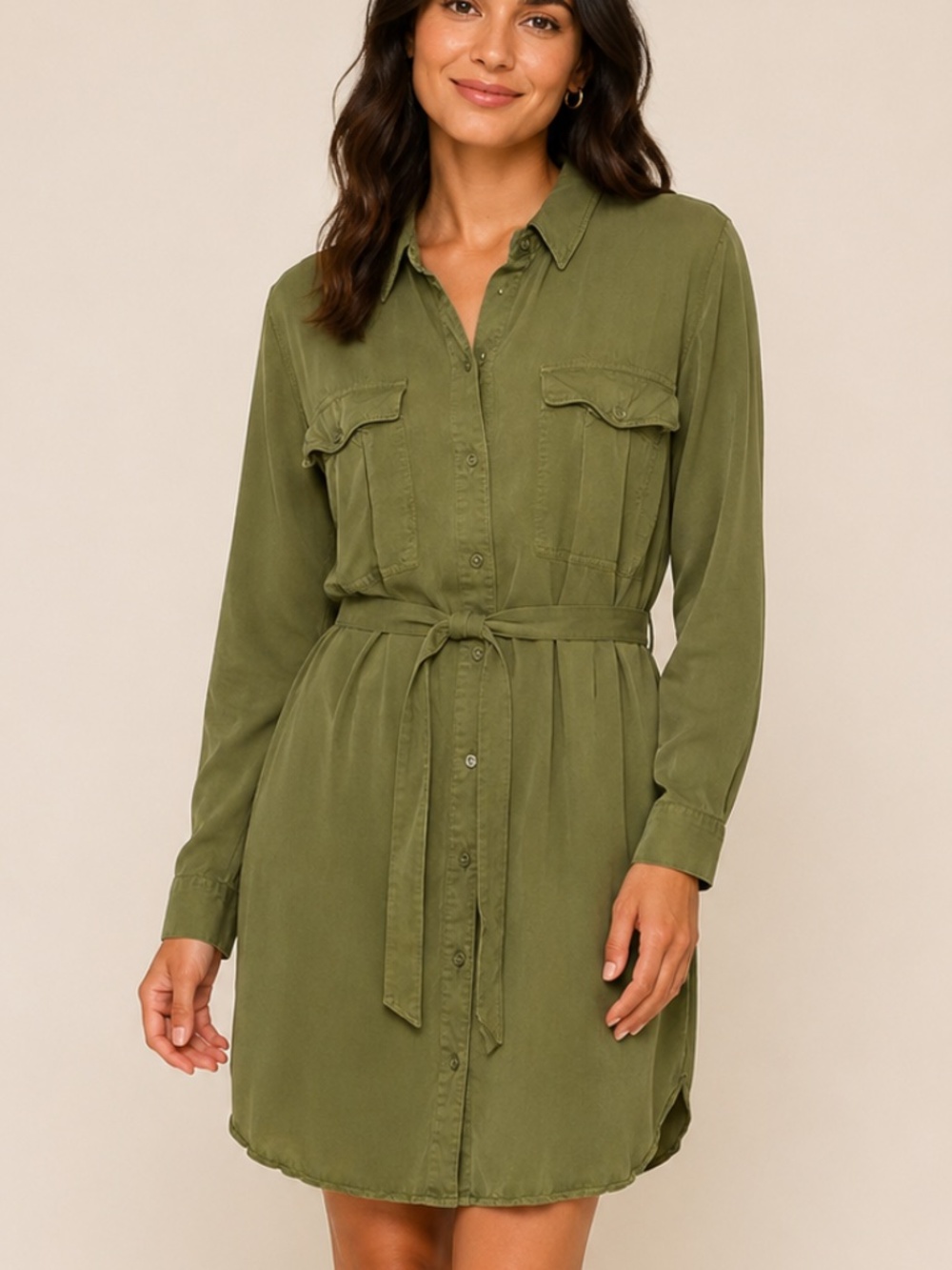 a.n.a Utility Button-Front Long-Sleeve Shirt Dress Olive green XXL safari casual
